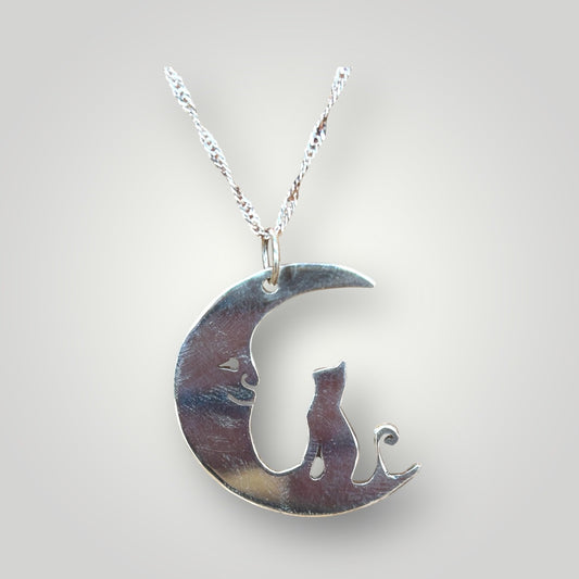 Cat and moon silver pendant